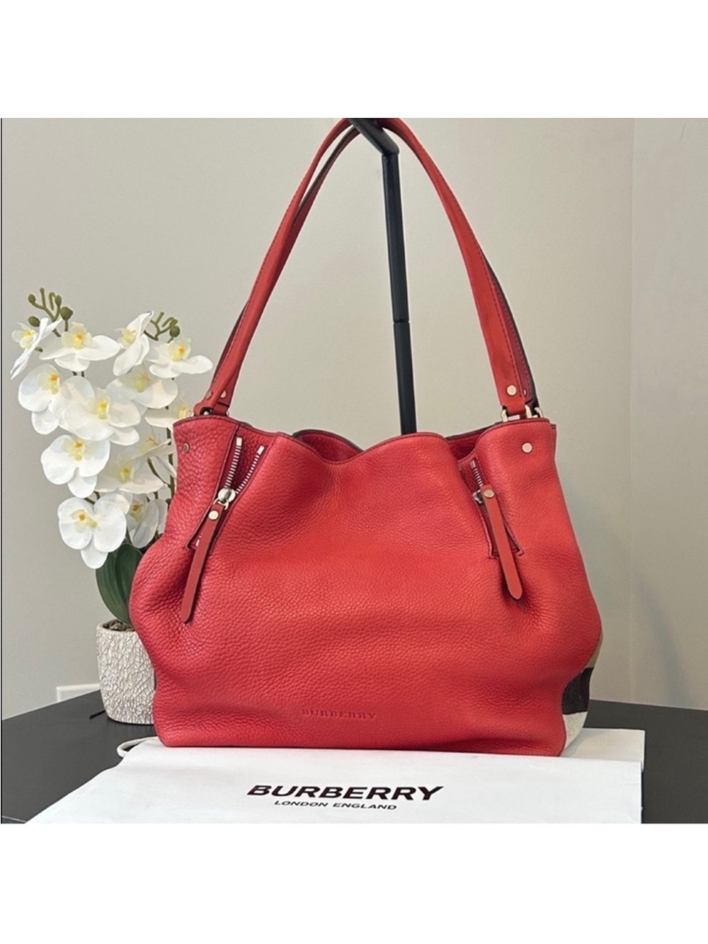 Burberry Red Pebbled Leather Shoulder Tote